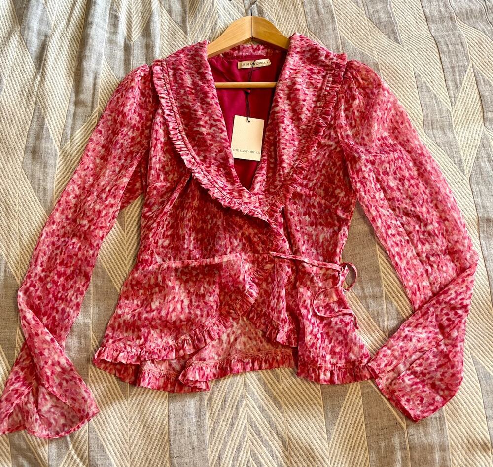 NWT THE EAST ORDER Size S Penny Long Sleeve Wrap Top Ruffle Cheater Girl Pink